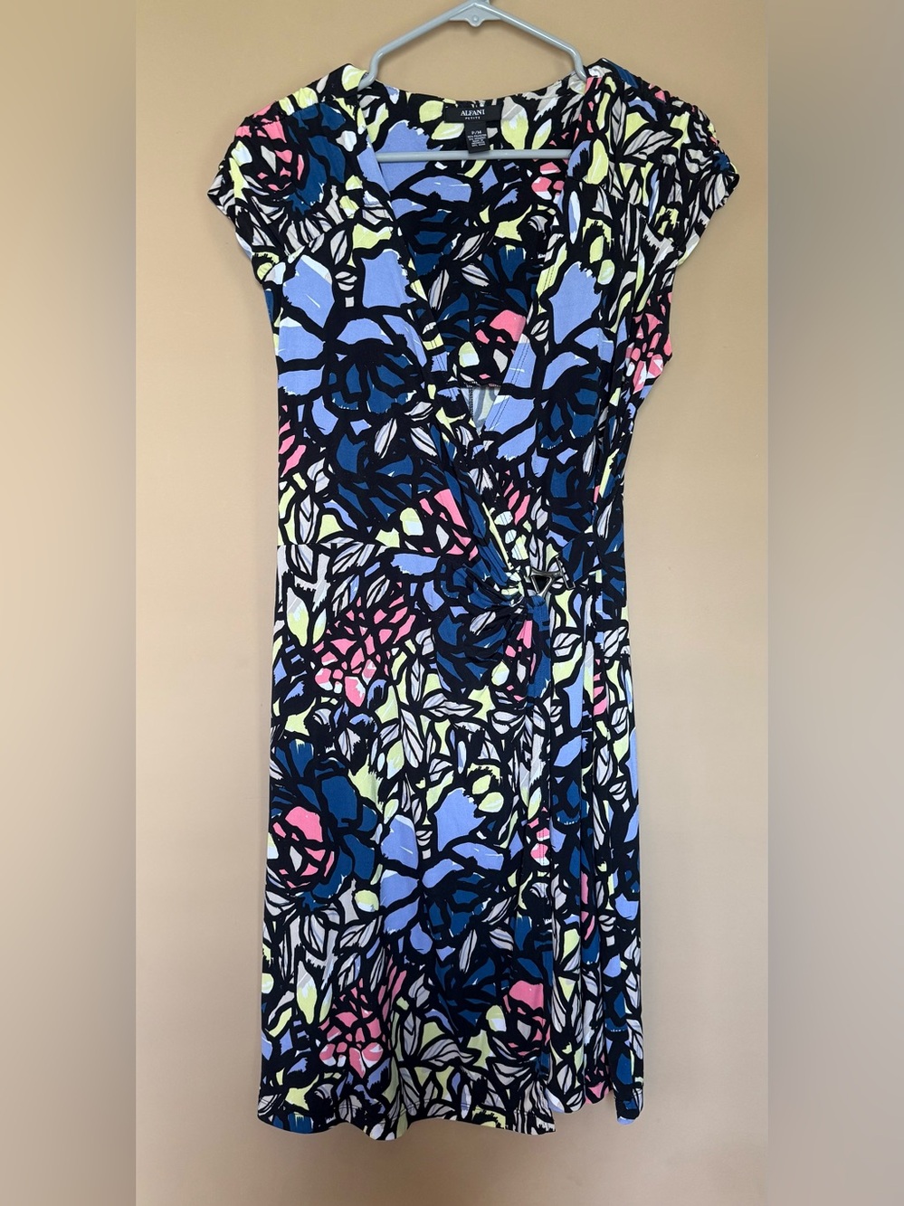 Alfani Black Floral Wrap Dress with Blue, Pink, Yellow Accents